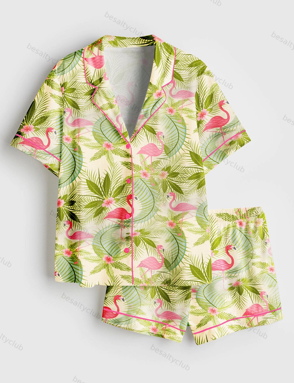 Flamingo Paradiso Summer Beach Plant Short Sleeve Satin Pajama Set
