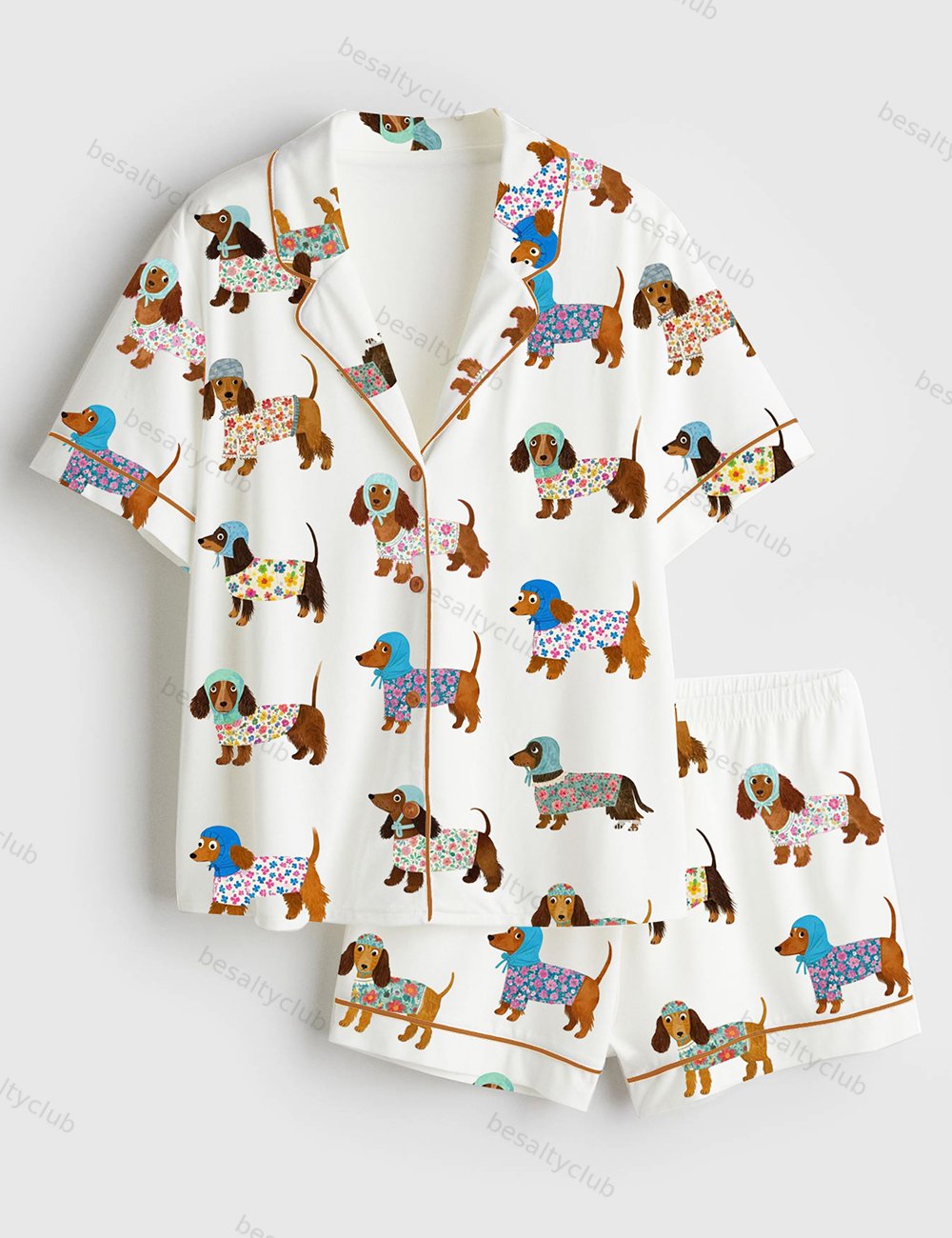 Women's Dachshund Puppies Short Sleeve Satin Pajama Set