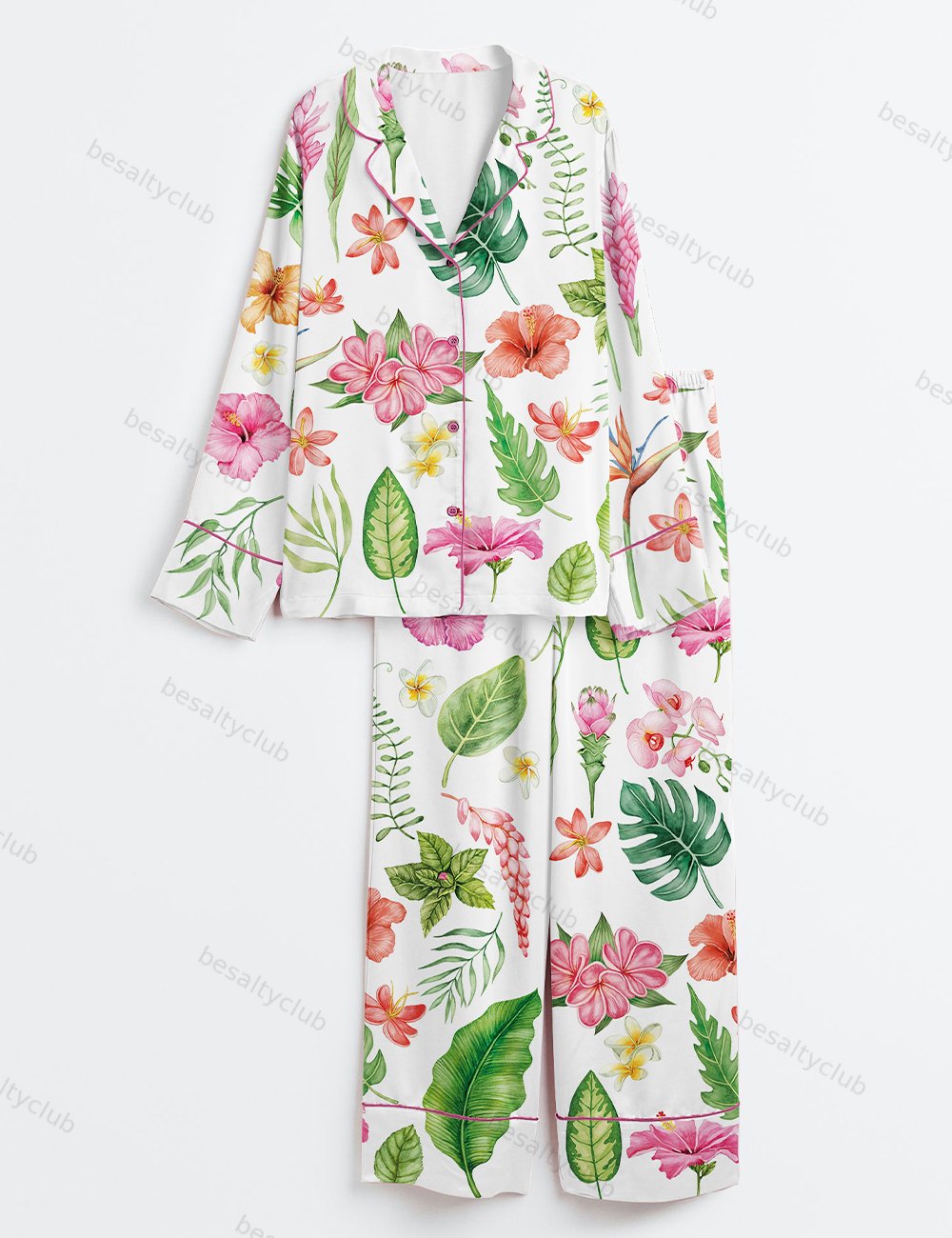 Watercolor Tropical Flowers And Leaves Hawaii Wedding Long Sleeve Satin Pajama Set