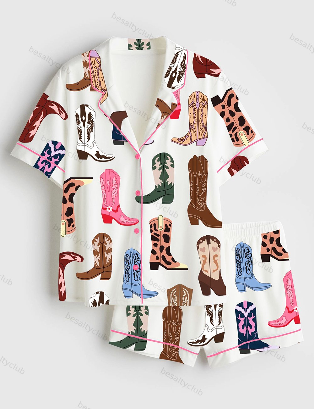 Watercolor Cowboy Boot Western Cowgirl Print Short Sleeve Satin Pajama Set