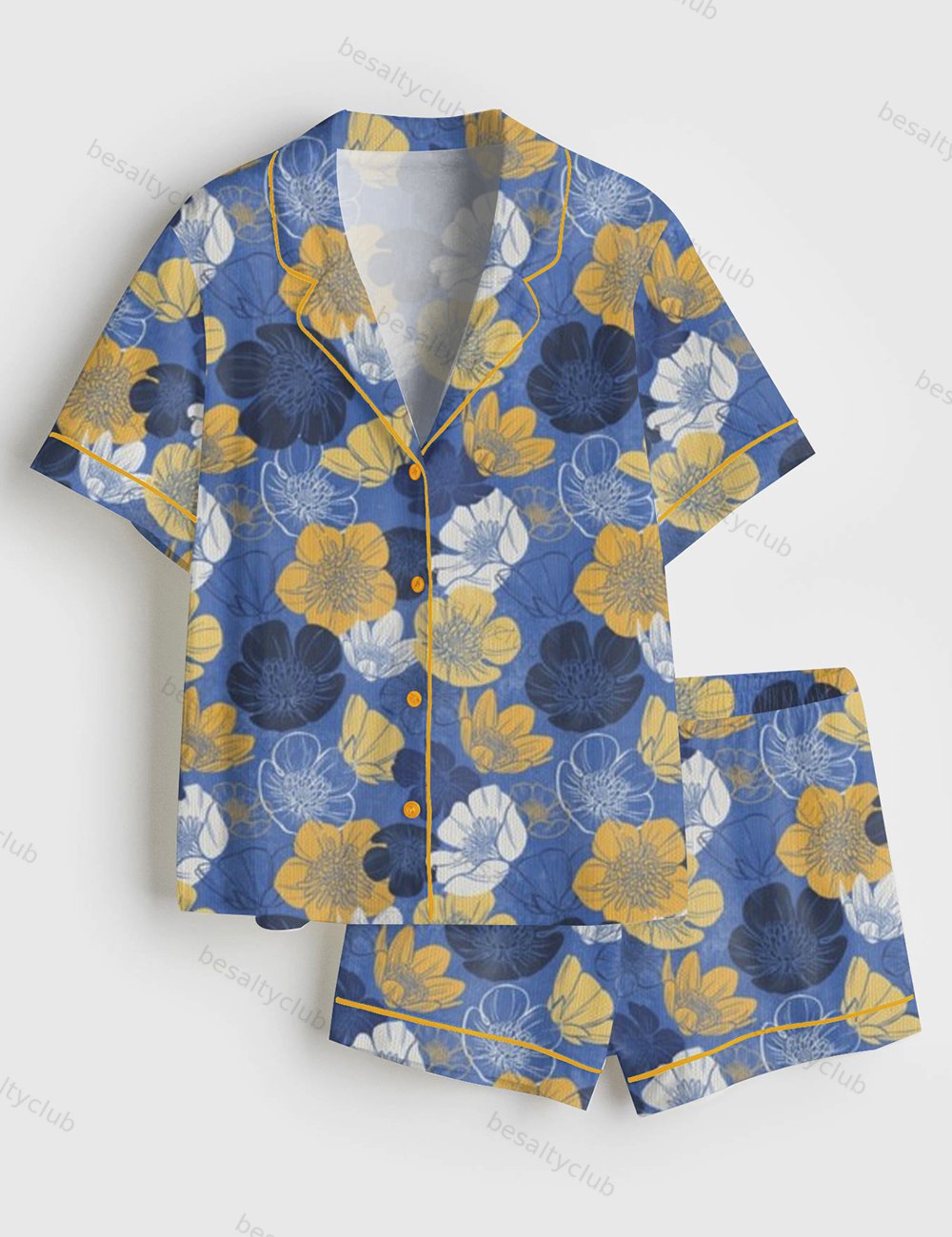 Buttercup Blues Bright Flowers Short Sleeve Satin Pajama Set