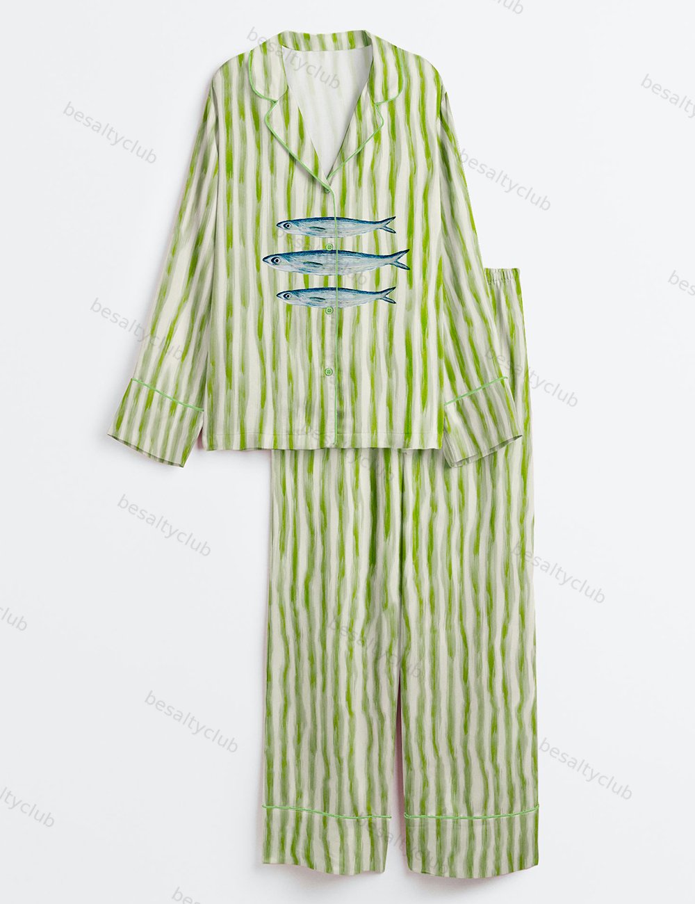 Trendy Aesthetic Sardines Fish Summer Beach Sardines Green Stripe Print Long Sleeve Satin Pajama Set