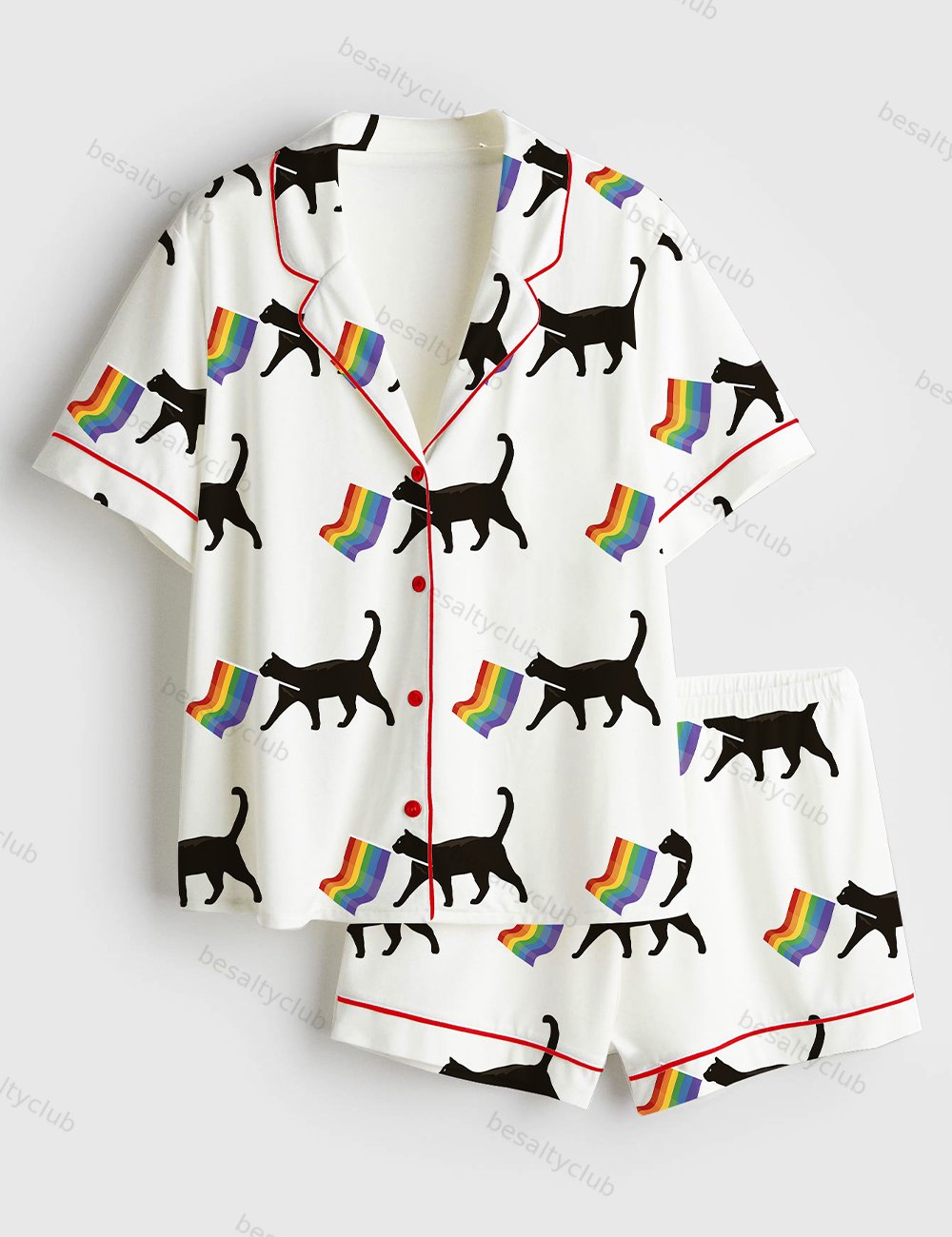 A Little Gay Cat Friend Pride Month LGBT Pride Print Short Sleeve Satin Pajama Set