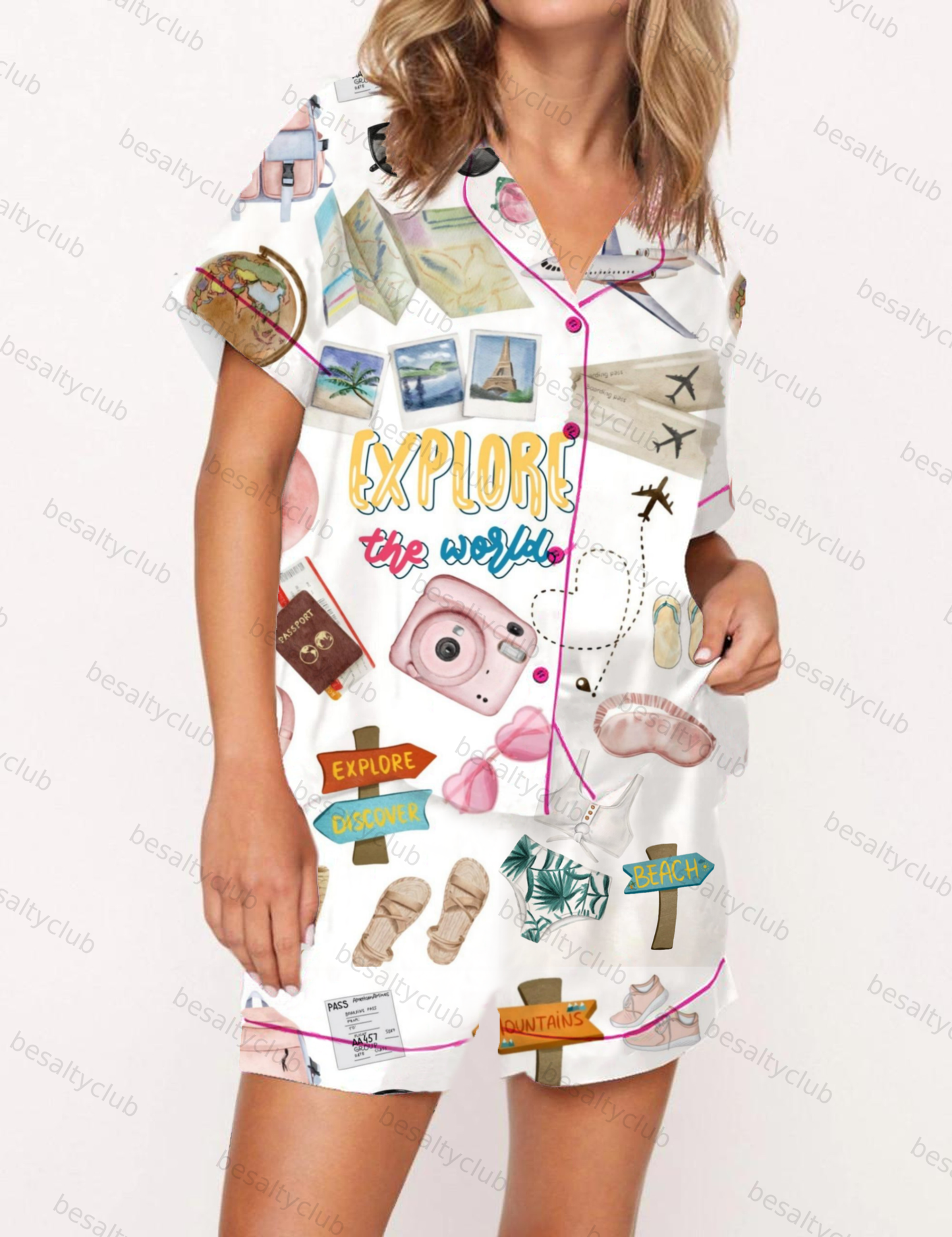 Explore the world Travel Silky Satin Pajama Short Set