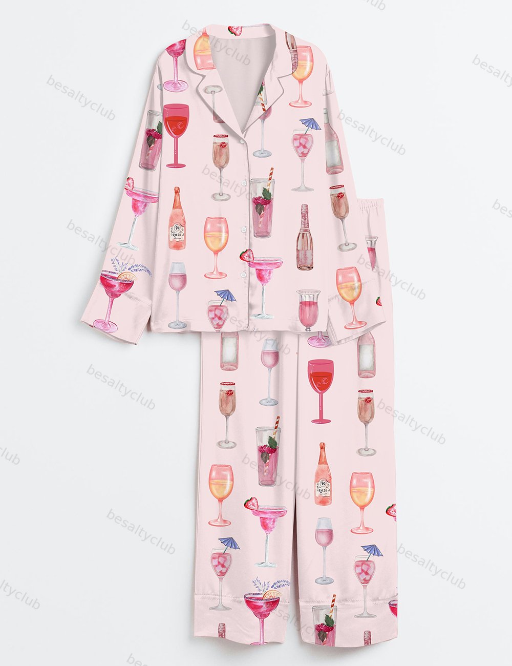 Retro Watercolor Champagne Cocktail Wine Bottle Pink Long Sleeve Satin Pajama Set