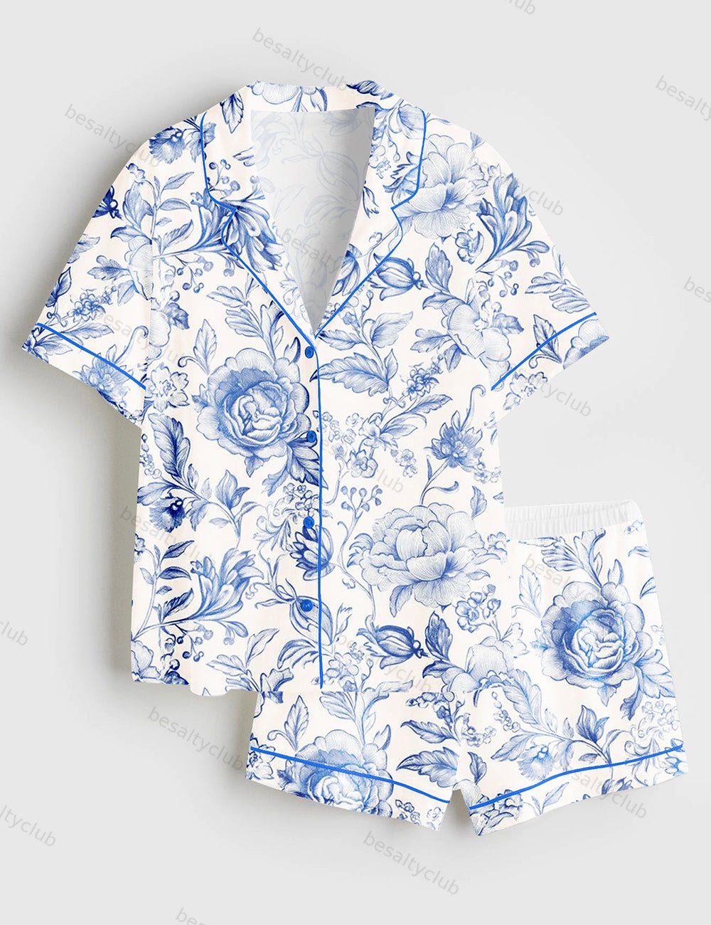 Light Blue and White Floral Pattern Short Sleeve Satin Pajama Set