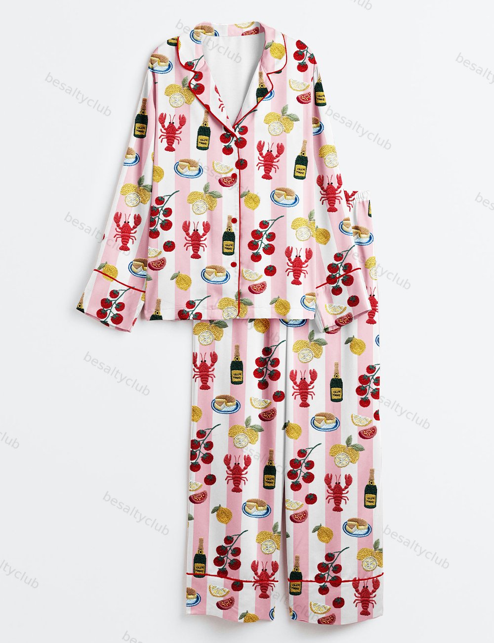 Lobster Champagne Lemon Cake Tomatoes And Pomegranates Summer Vibes Girls Trip Bachelorette Long Sleeve Satin Pajama Set