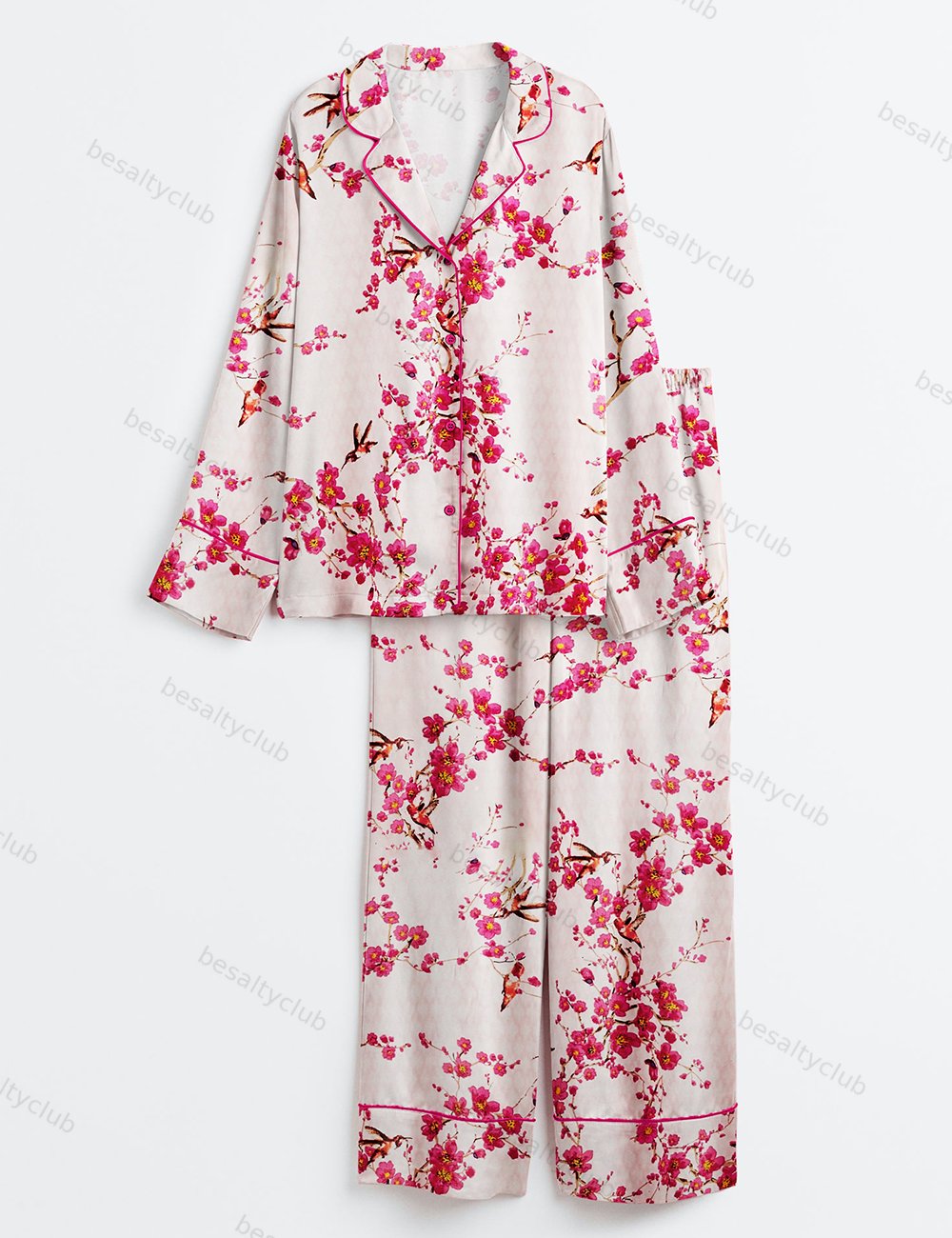 Cherry Blossom And Hummingbird Long Sleeve Satin Pajama Set