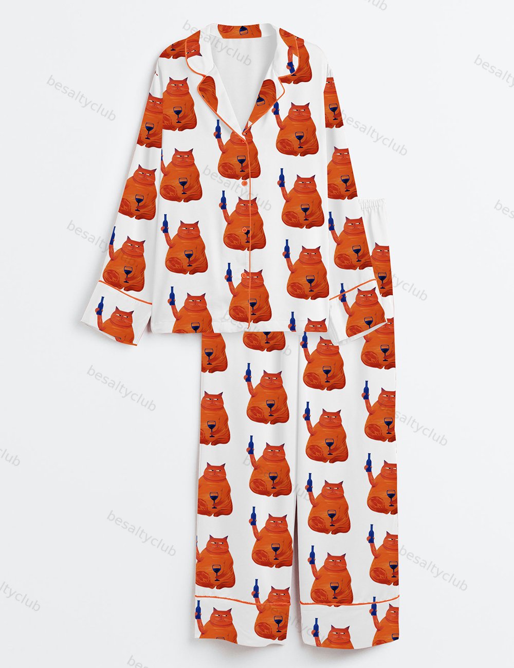 Cat Wine Cheers Long Sleeve Satin Pajama Set