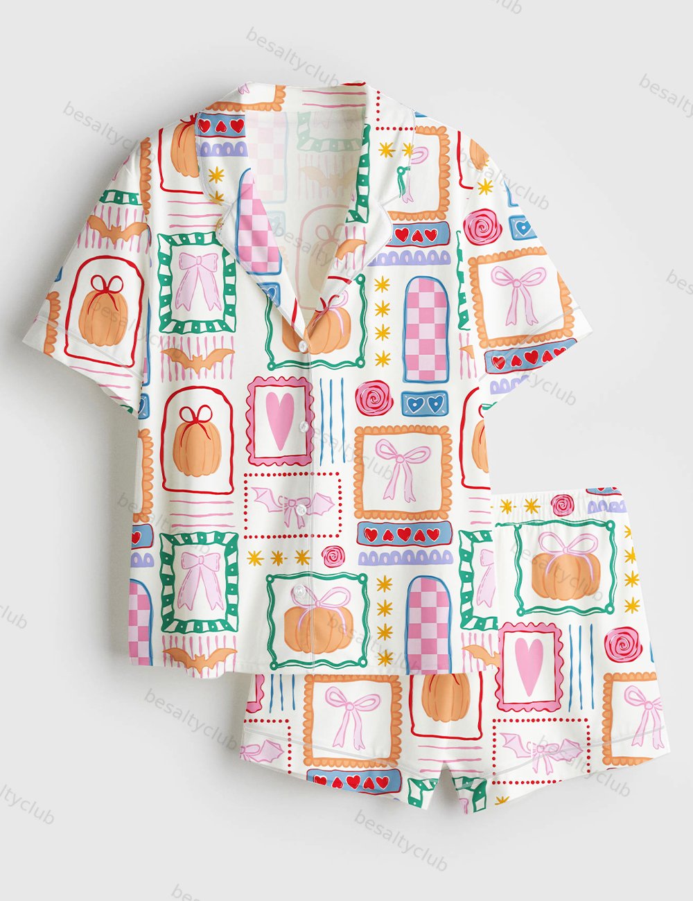 Girly Halloween Coquette Bows Preppy Halloween Print Short Sleeve Satin Pajama Set