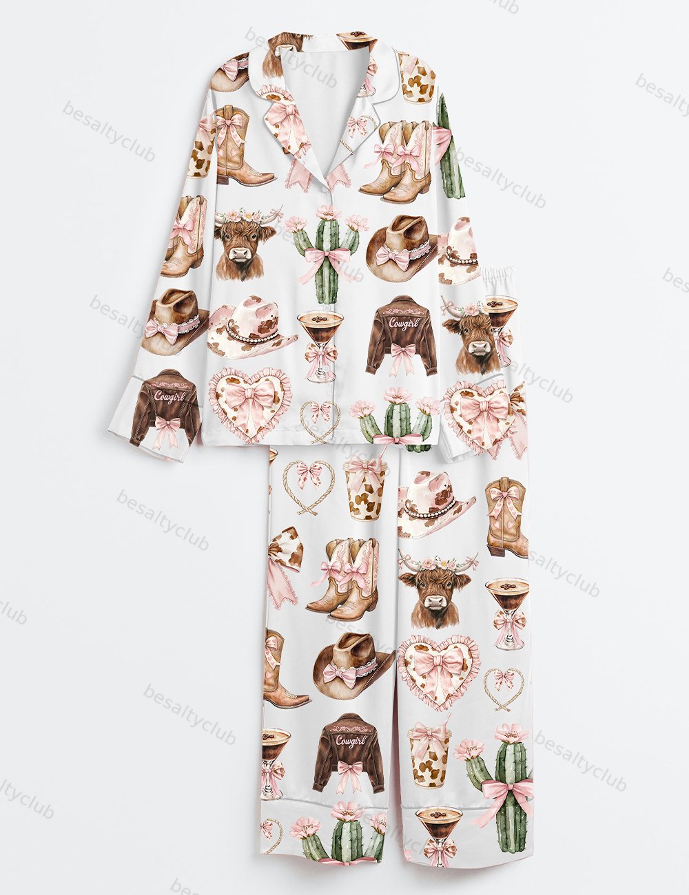 Coquette Cowgirl Boots Coquette Western Howdy Highland Cow Pink Cowgirl Cactus Long Sleeve Satin Pajama Set