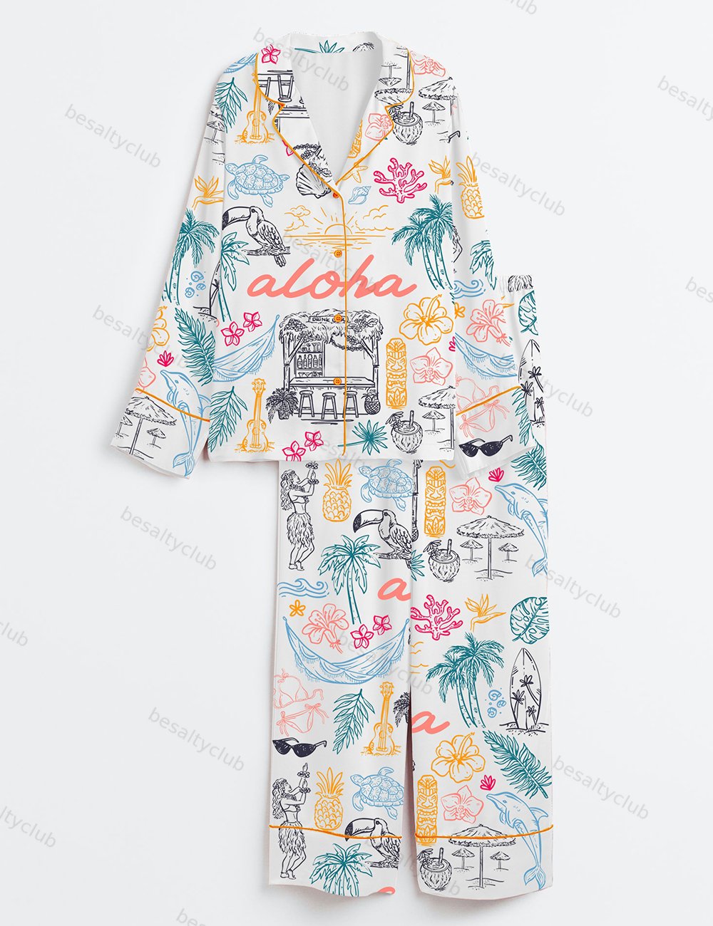 Aloha Tropical Exotic Hawaian Whimsical Style Seaside Ocean Aloha State Of Mind Long Sleeve Satin Pajama Set
