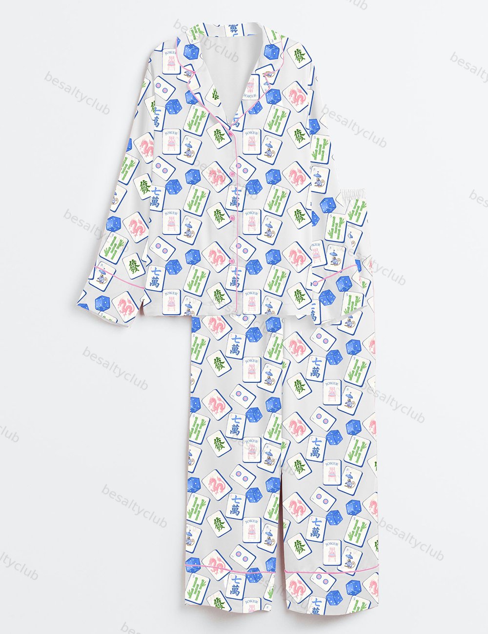 Mahjong Set Chinoiserie Blue Watercolor Chinoiserie Grand Millennial Wedding Print Long Sleeve Satin Pajama Set