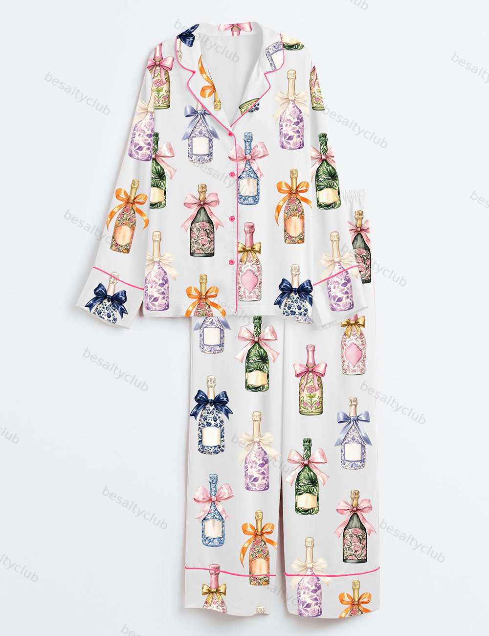 Champagne And Bows Wedding Long Sleeve Satin Pajama Set