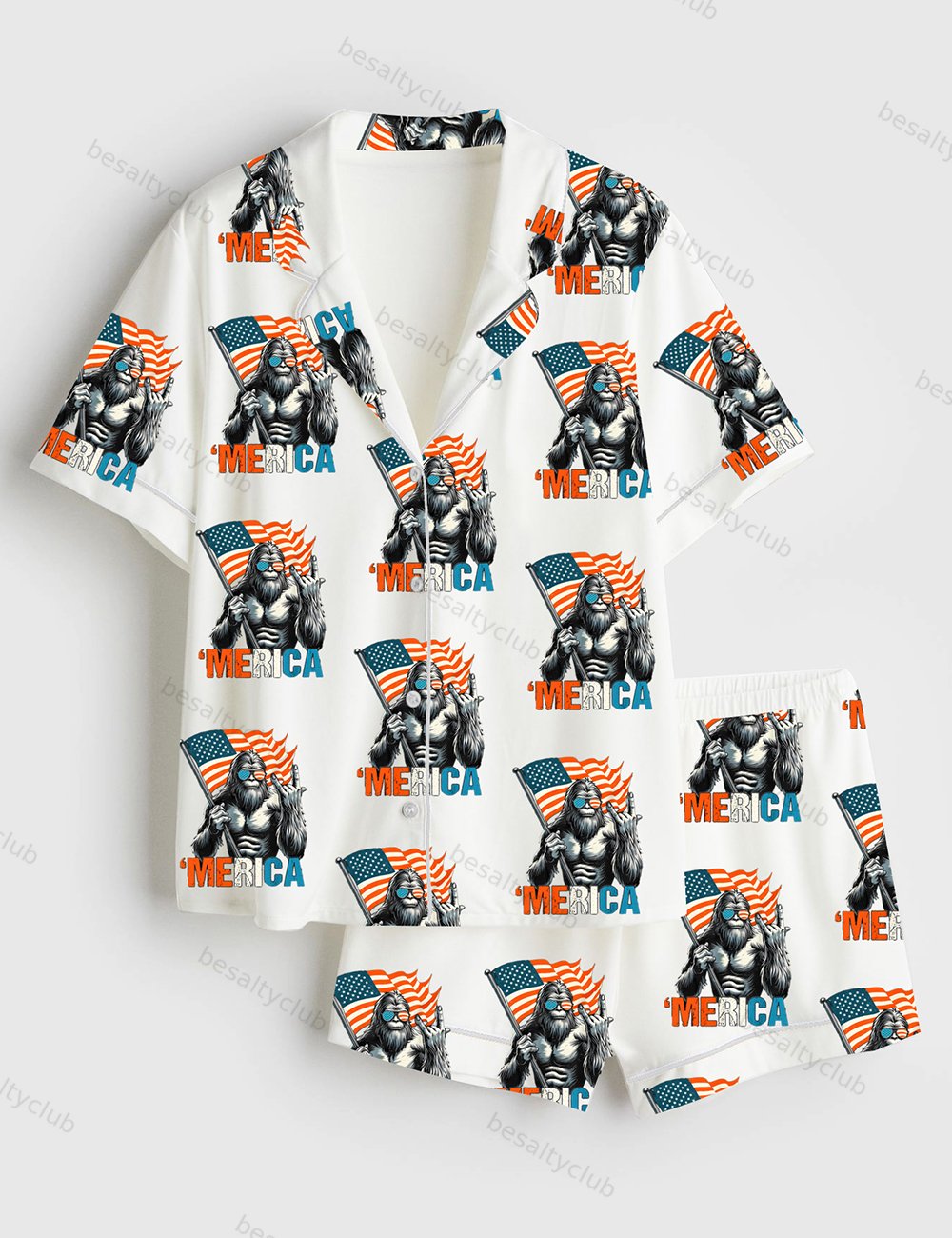 Bigfoot Merica 4th Of July Rock American Flag Patriotic Independence Day Short Sleeve Satin Pajama Set