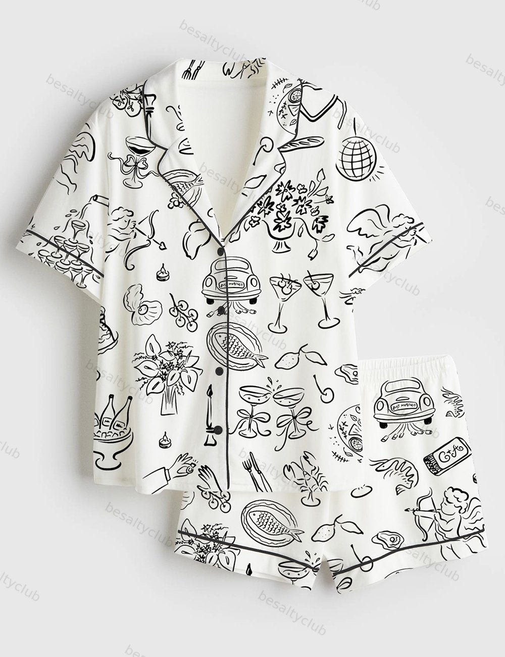Whimsical Wedding Doodles For Wedding Print Short Sleeve Satin Pajama Set