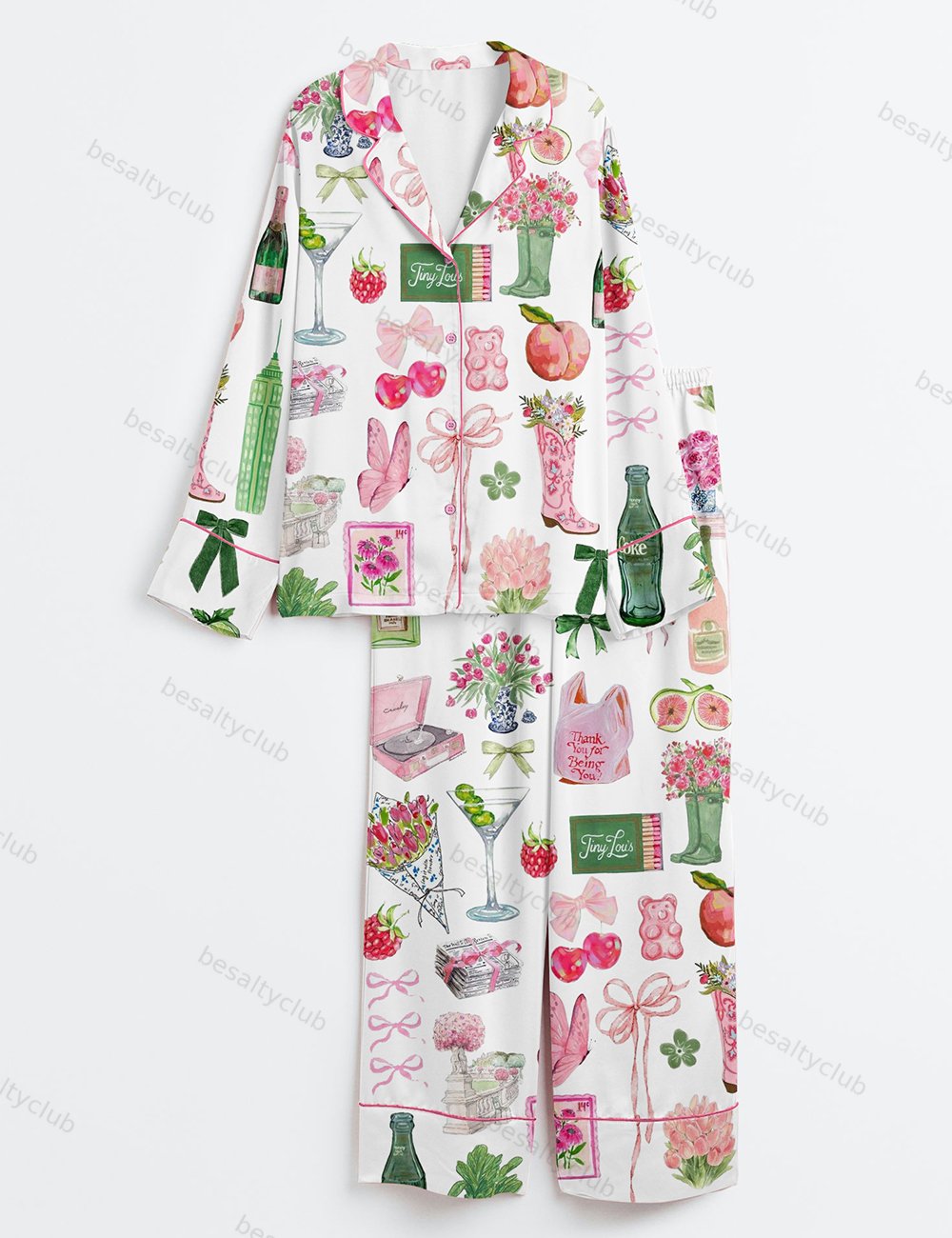 Wedding Icons Champagne Wedding Pink Travel Espresso Martini Aperol Spritz Trio Cowboy Boots Long Sleeve Satin Pajama Set