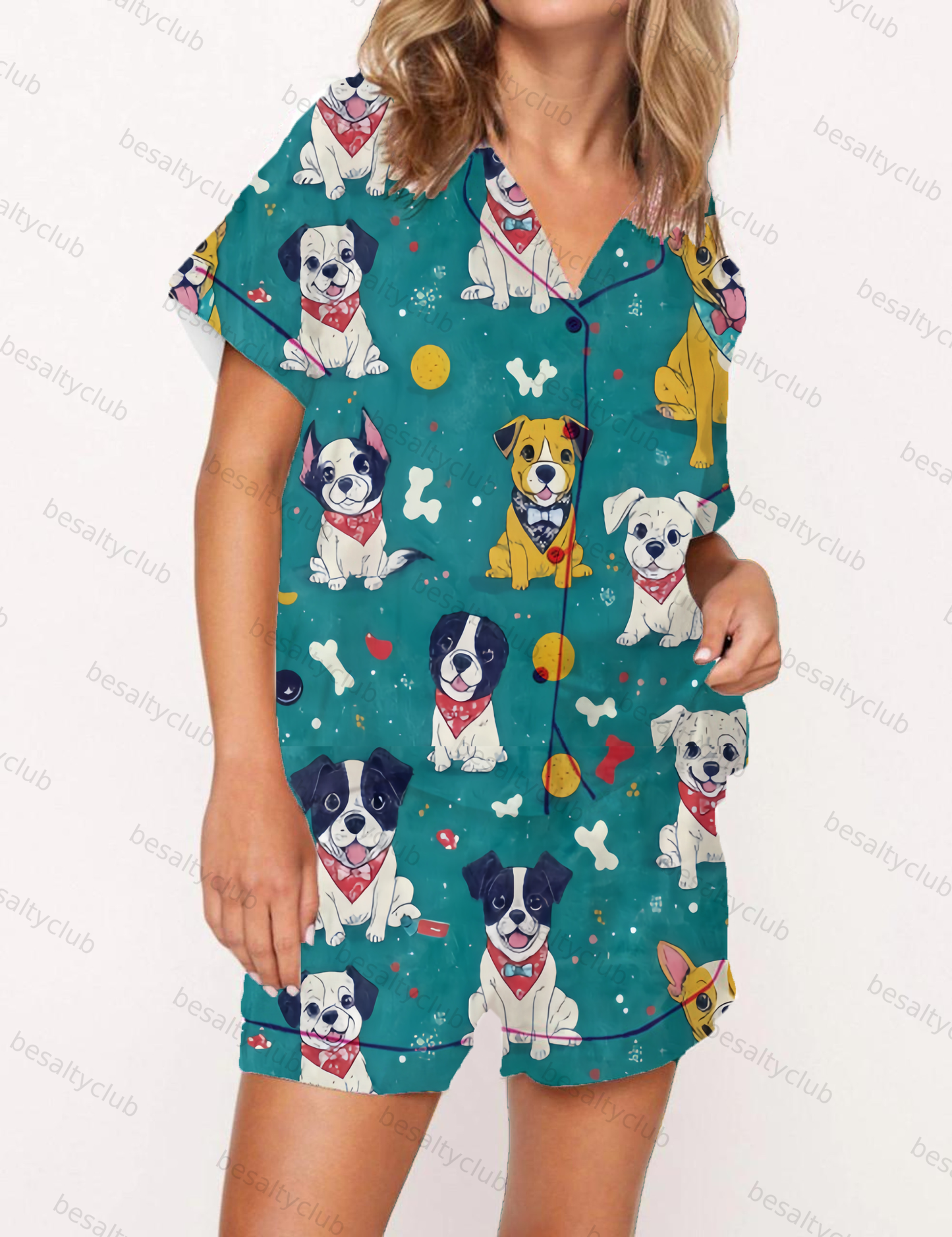 Blue French Bulldog Satin Pajama Short Set