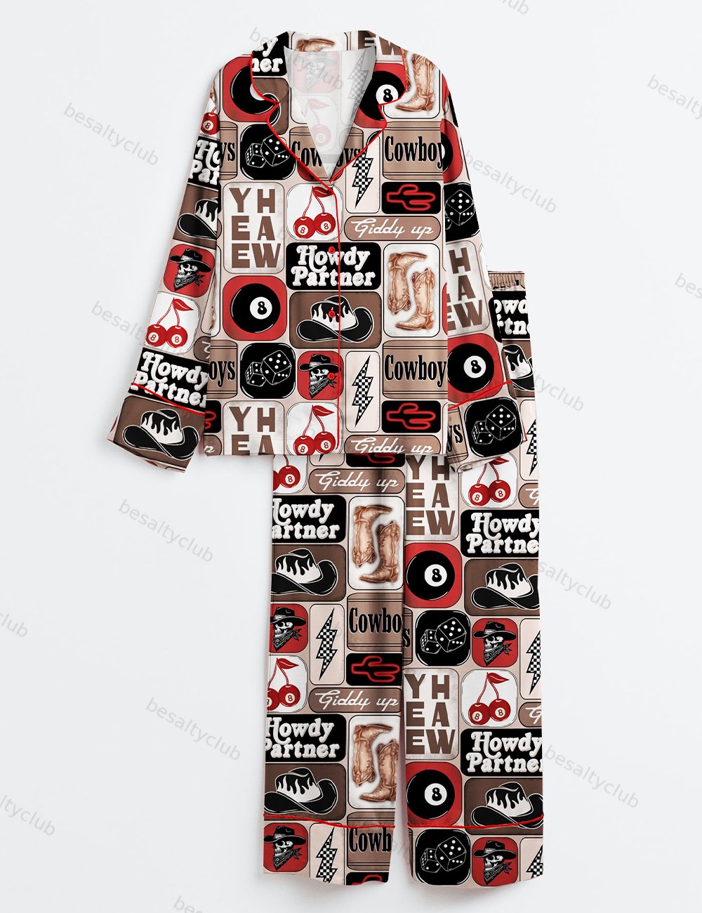 Yee Haw Howdy Partner Giddy Up Western Cowboy Collage Print Long Sleeve Satin Pajama Set
