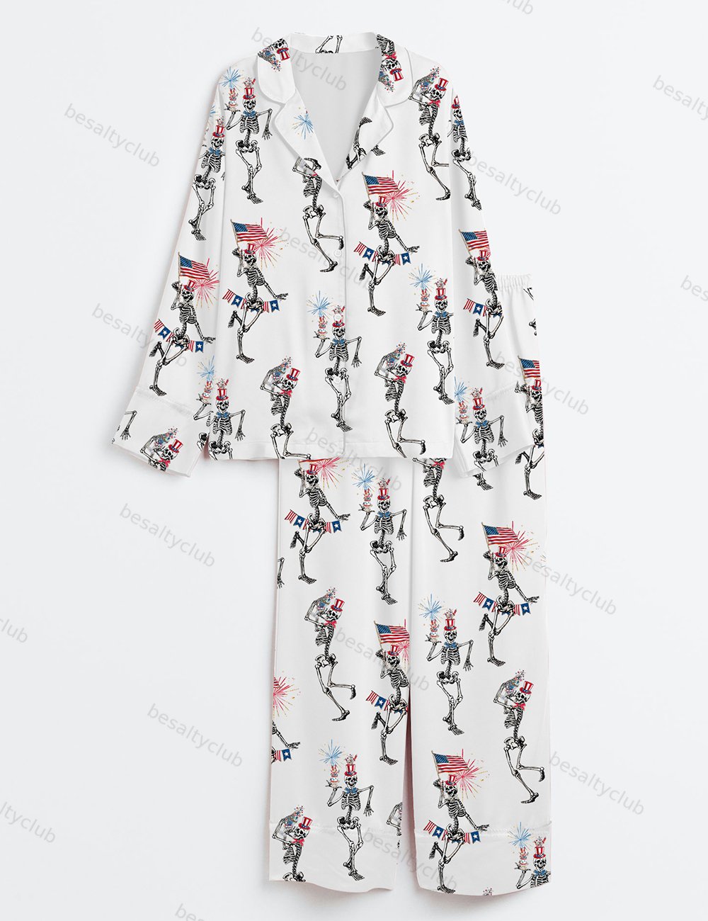 4th Of July Skellies Dancing Skeleton American Flag Stars And Stripes Red White Blue Long Sleeve Satin Pajama Set