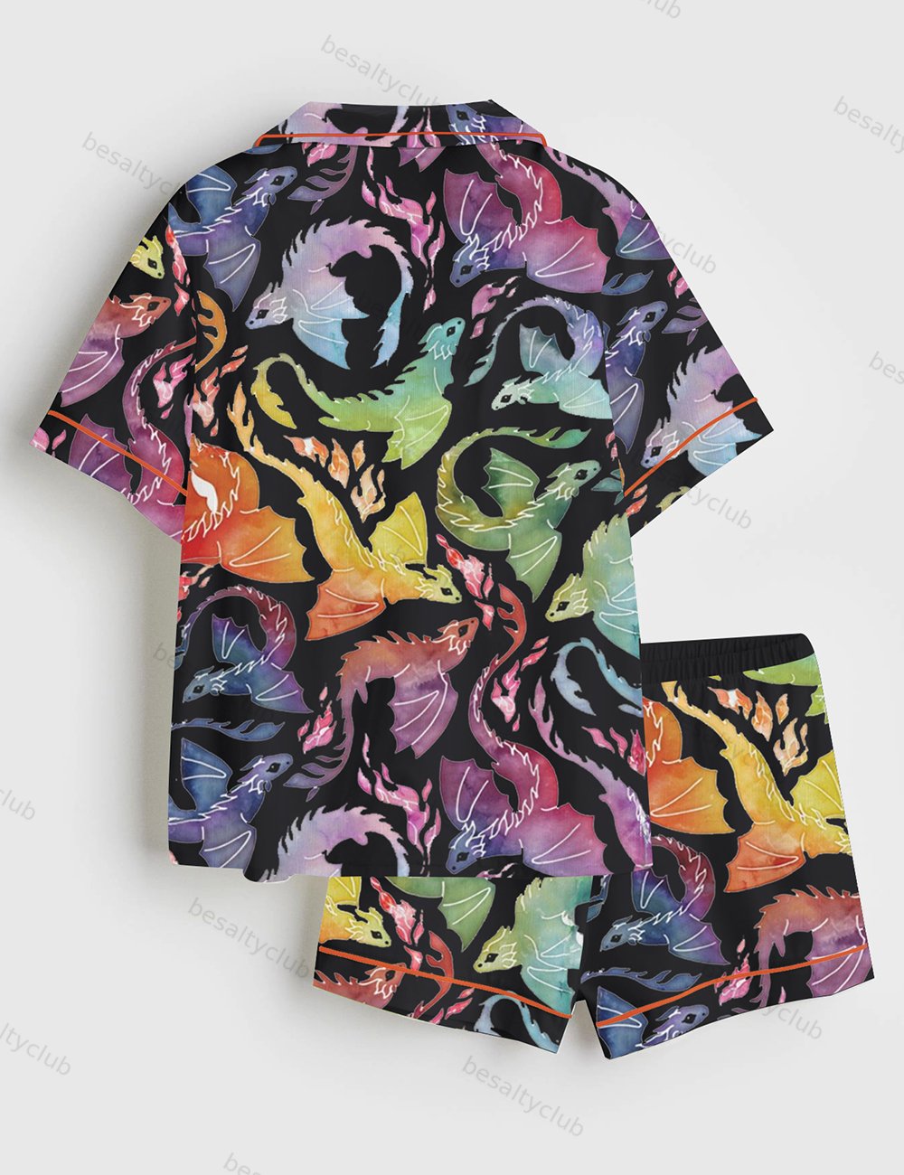Dragon Fire Rainbow Black Short Sleeve Satin Pajama Set