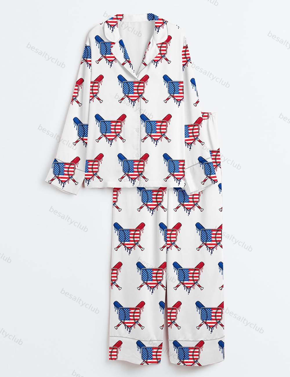 Baseball Drip Boys Ice Cream Patriotic American Flag 4th Of July Baseball Print Long Sleeve Satin Pajama Set