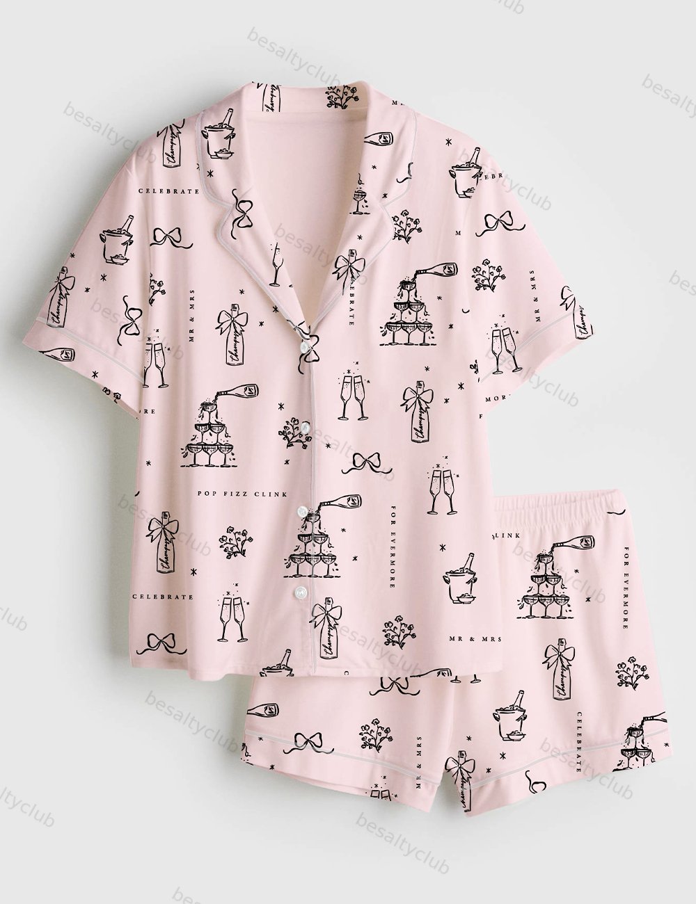 Wedding Bridal And Champagne Short Sleeve Satin Pajama Set