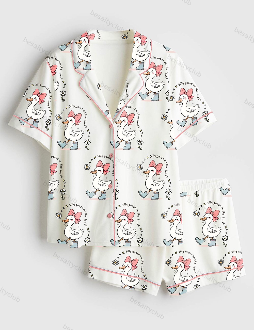 Silly Goose On The Loose Funny Farm Animal Print Short Sleeve Satin Pajama Set