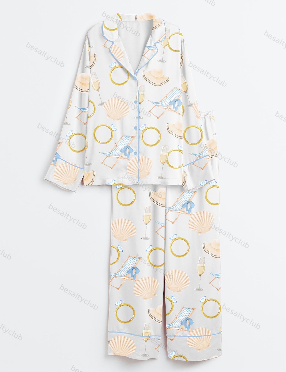 Last Toast On The Coast Bachelorette Summer Beach Print Long Sleeve Satin Pajama Set