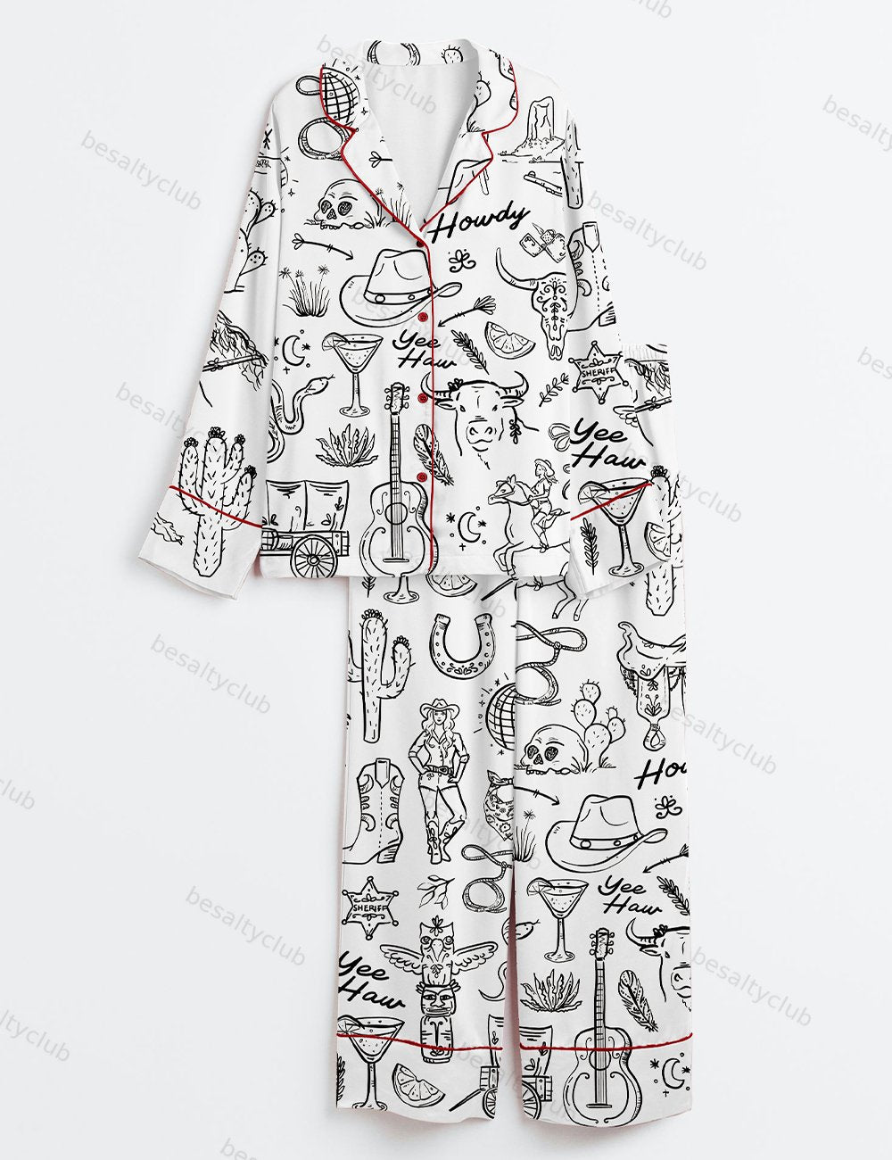 Cowgirl Whimsical Style Hand Drawn Western Bachelorette Party Long Sleeve Satin Pajama Set