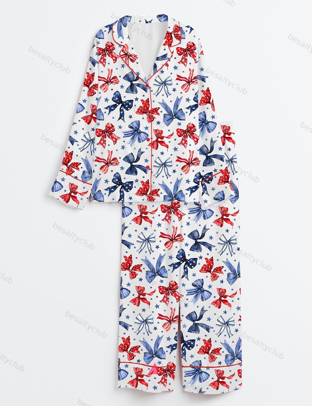 Patriotic Bows 4th Of July Red White And Blue Ribbon Long Sleeve Satin Pajama Set