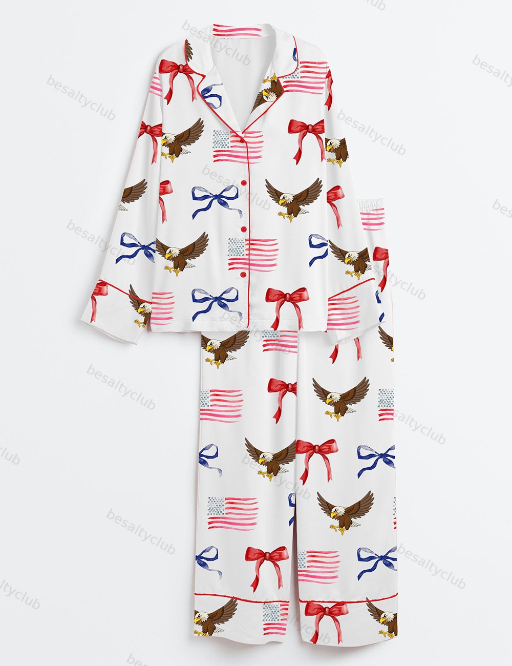 Coquette 4th Of July American Girly Eagle US Flag Red White Blue Long Sleeve Satin Pajama Set
