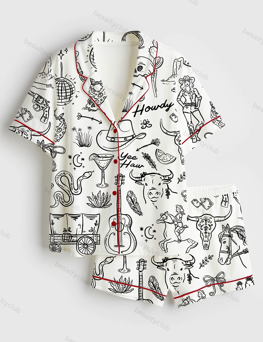 Cowgirl Whimsical Style Hand Drawn Western Bachelorette Party Short Sleeve Satin Pajama Set