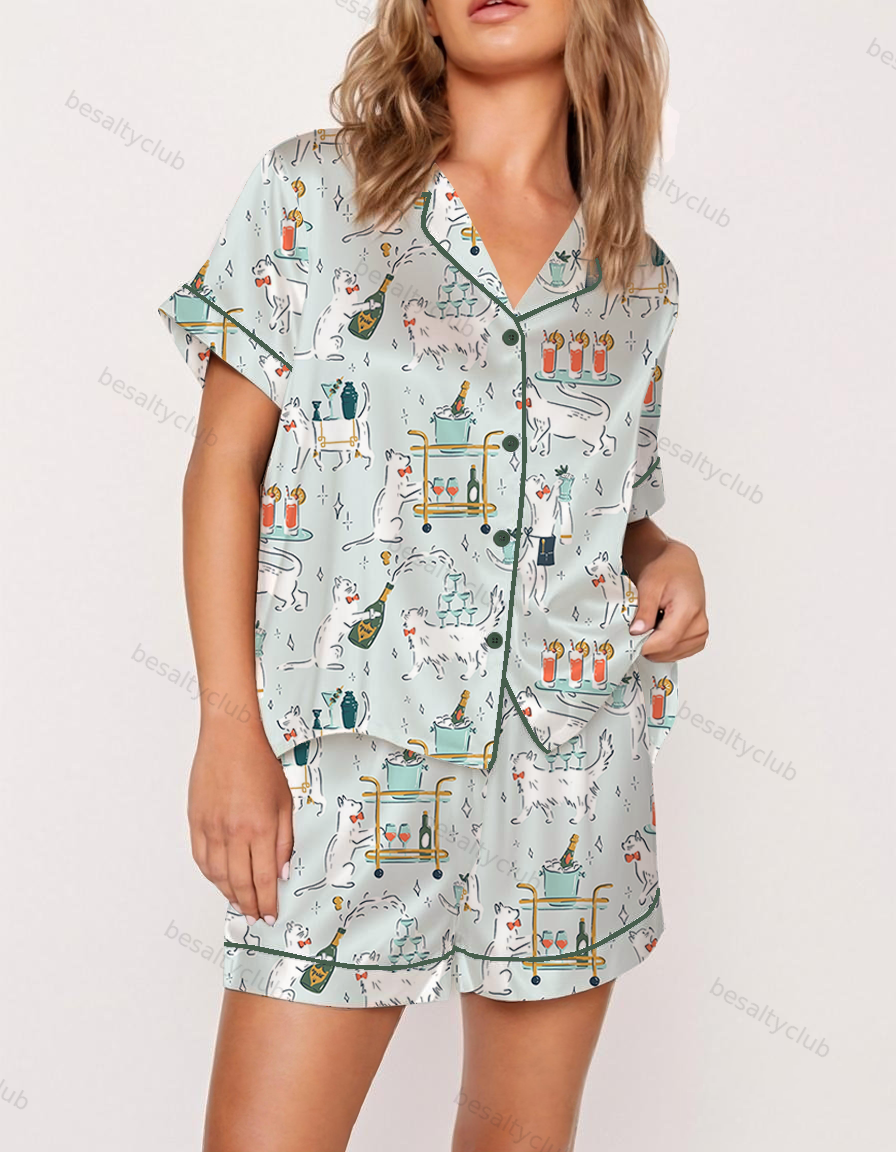 Cat Cocktail Waiter Satin Pajama Set