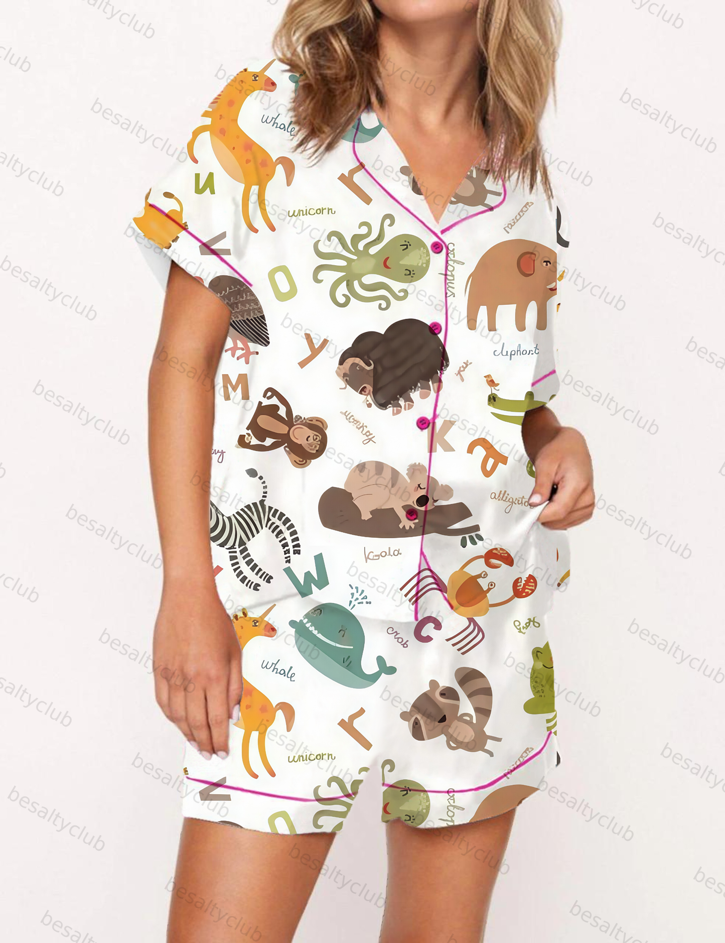 Fun-filled Adorable Animal Alphabet Print Satin Pajama Short Set