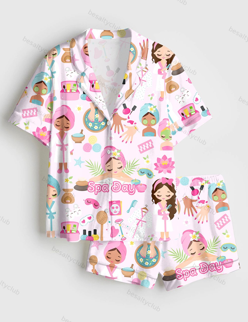 Spa Day Cute Spa Girl Self Care Spa Birthday Manicure Pedicure Mani Pedi Print Short Sleeve Satin Pajama Set