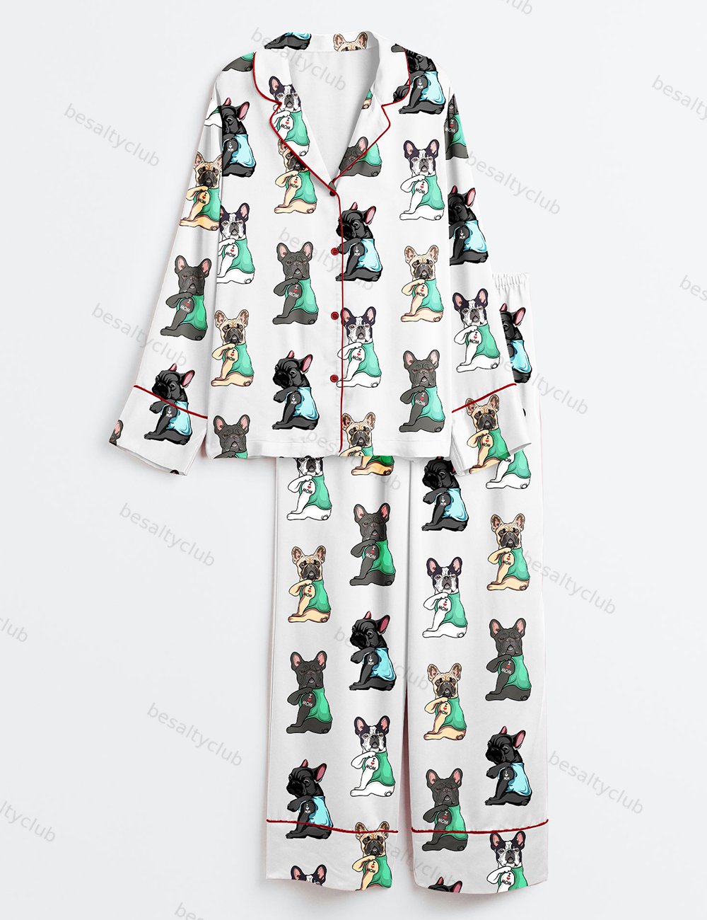 French Bulldog I Love Mom Frenchie Mom Cute Frenchie Bulldog Print Long Sleeve Satin Pajama Set