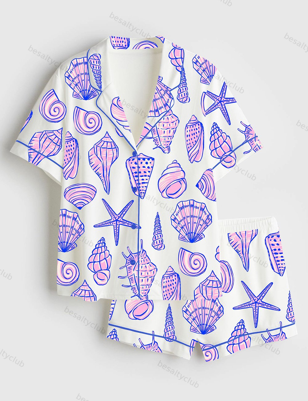 Seashell Summer Beach Art Short Sleeve Satin Pajama Set