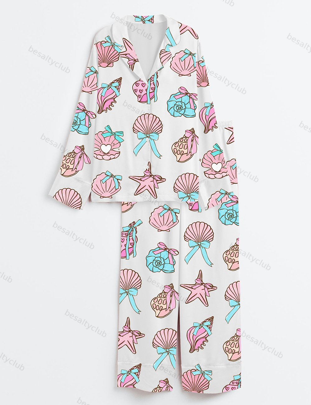 Retro Coquette Seashell Coastal Summer Sea Shell With Bow Preppy Fisherman Aesthetic Print Long Sleeve Satin Pajama Set