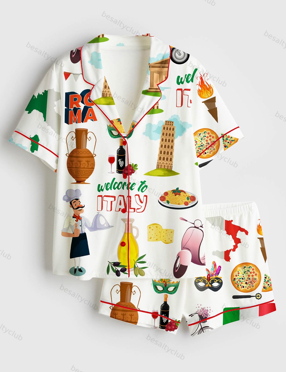 Welcome To Italy Roma Short Sleeve Satin Pajama Set