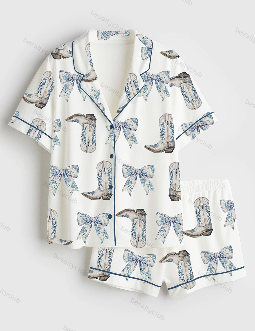 Coquette Blue Bow And Boots Cowgirl Short Sleeve Satin Pajama Set