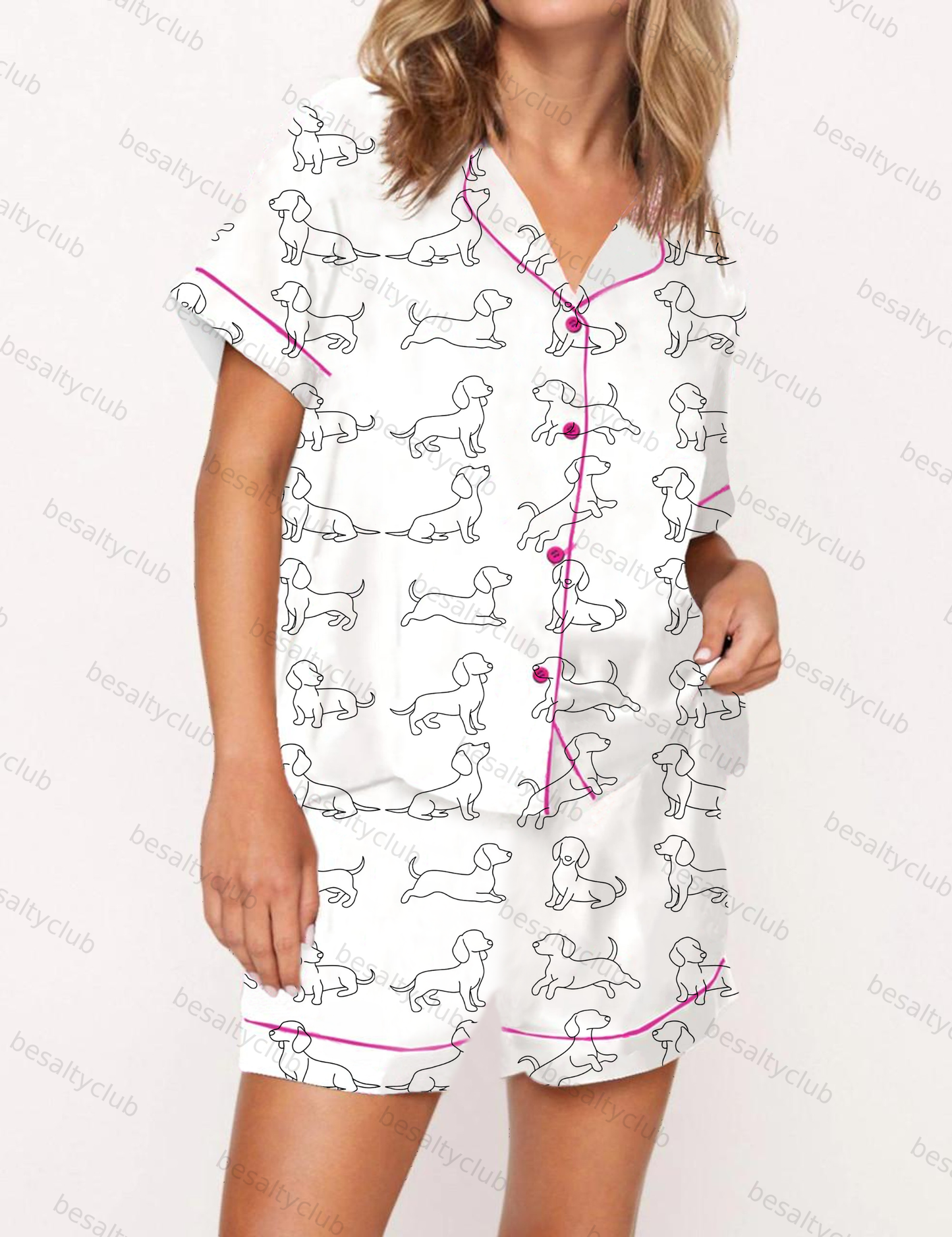 Abstract Dachshund Pattern Satin Pajama Short Set