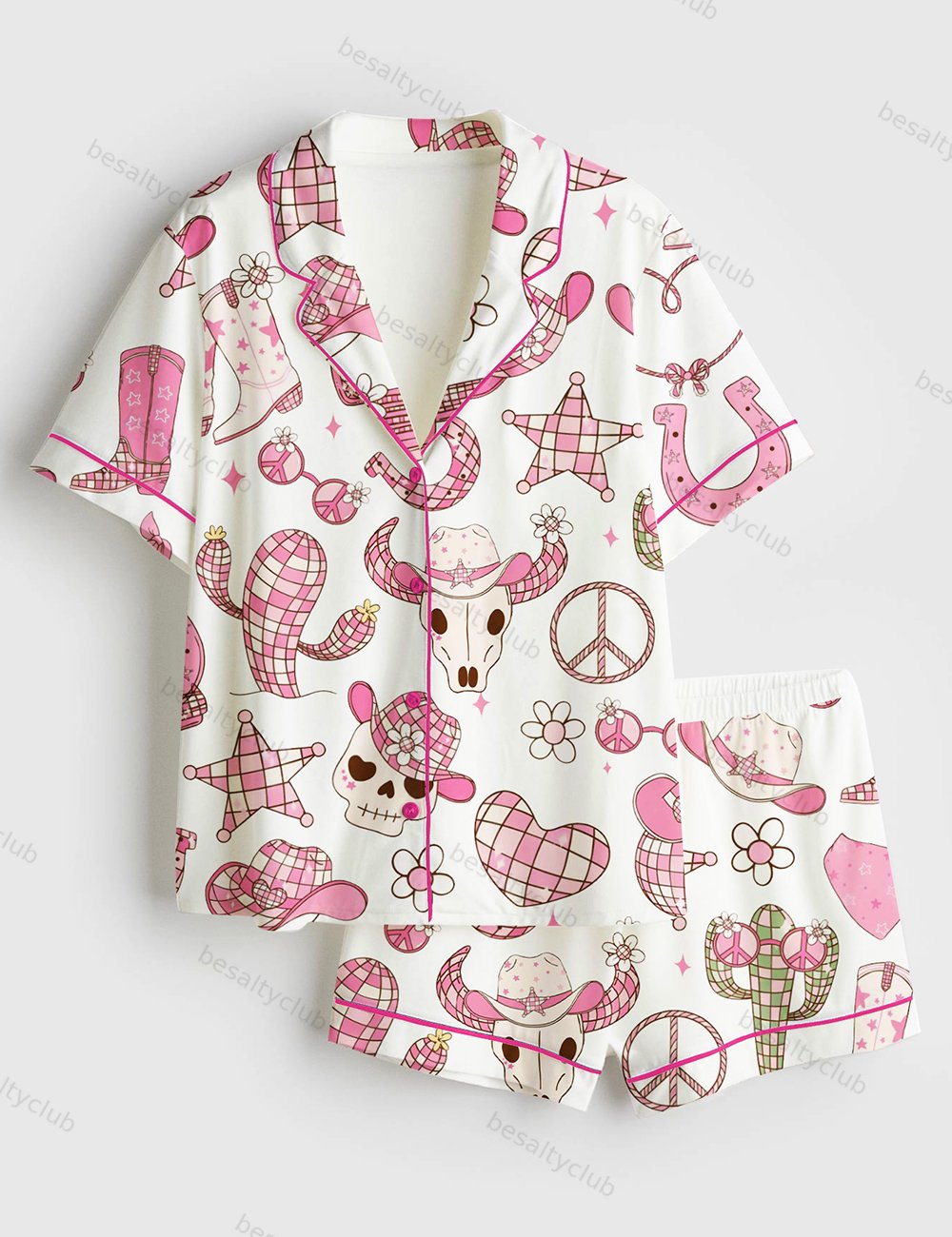 Western Pink Disco Cowgirl Girly Cowboy Disco Ball Print Short Sleeve Satin Pajama Set
