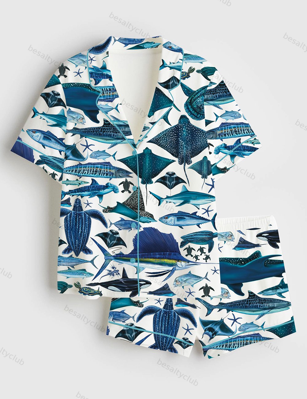 Blue Creatures Print Ocean Beach Short Sleeve Satin Pajama Set