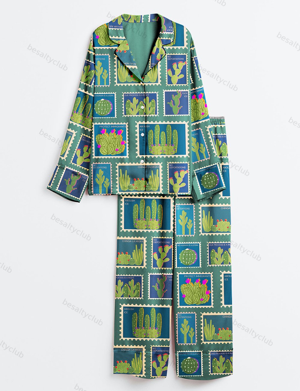 Vintage Chinga La MigraSecret Message Postage Stamps Anti ICE Tee Abolish Ice Print Long Sleeve Satin Pajama Set