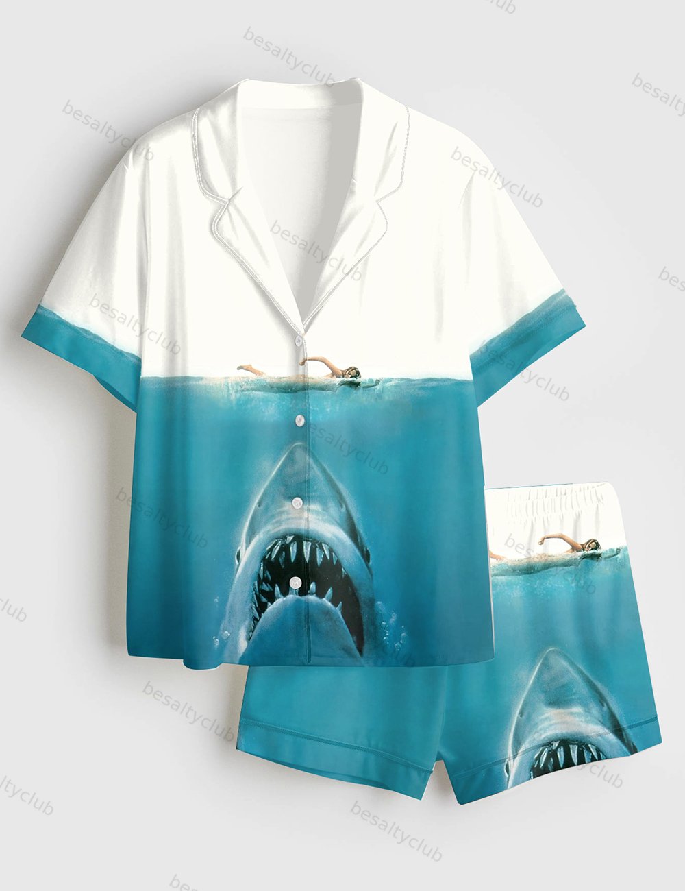 Shark Movie Sea Travel Short Sleeve Satin Pajama Set