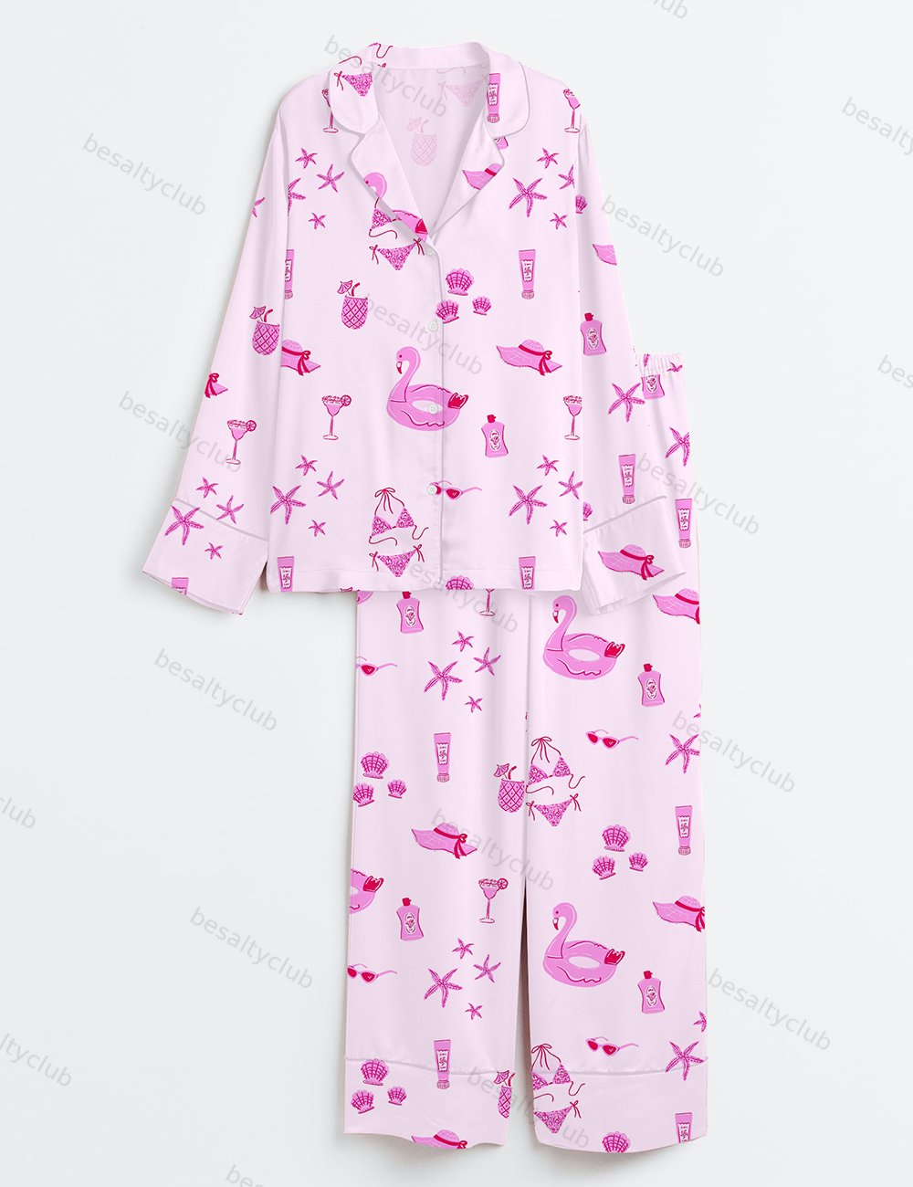 Summer Cocktail Breezy Beach Vacation Long Sleeve Satin Pajama Set