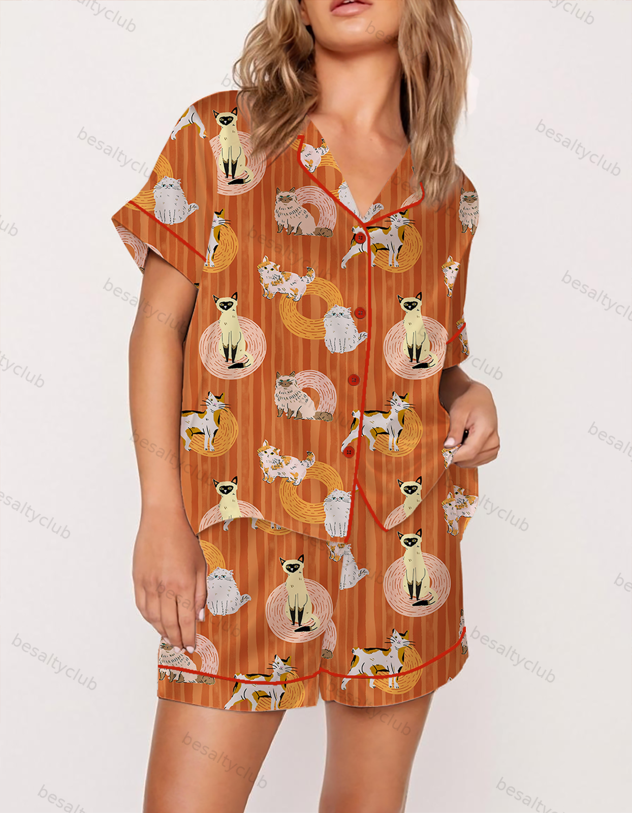 Hand Drawn Kitty Club Satin Pajama Set