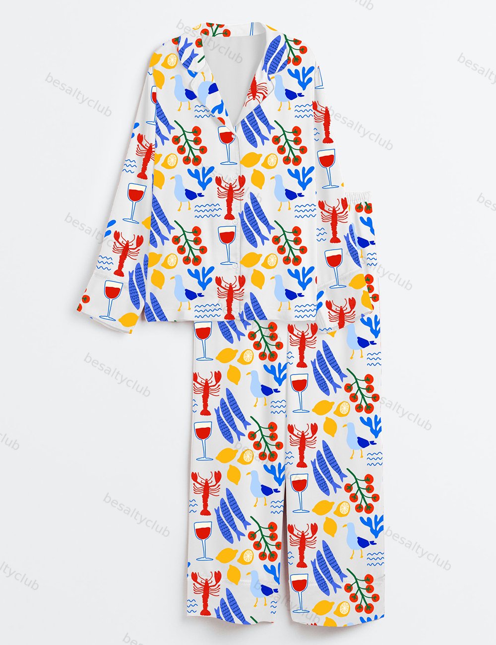 Summer Coastal Pattern Long Sleeve Satin Pajama Set