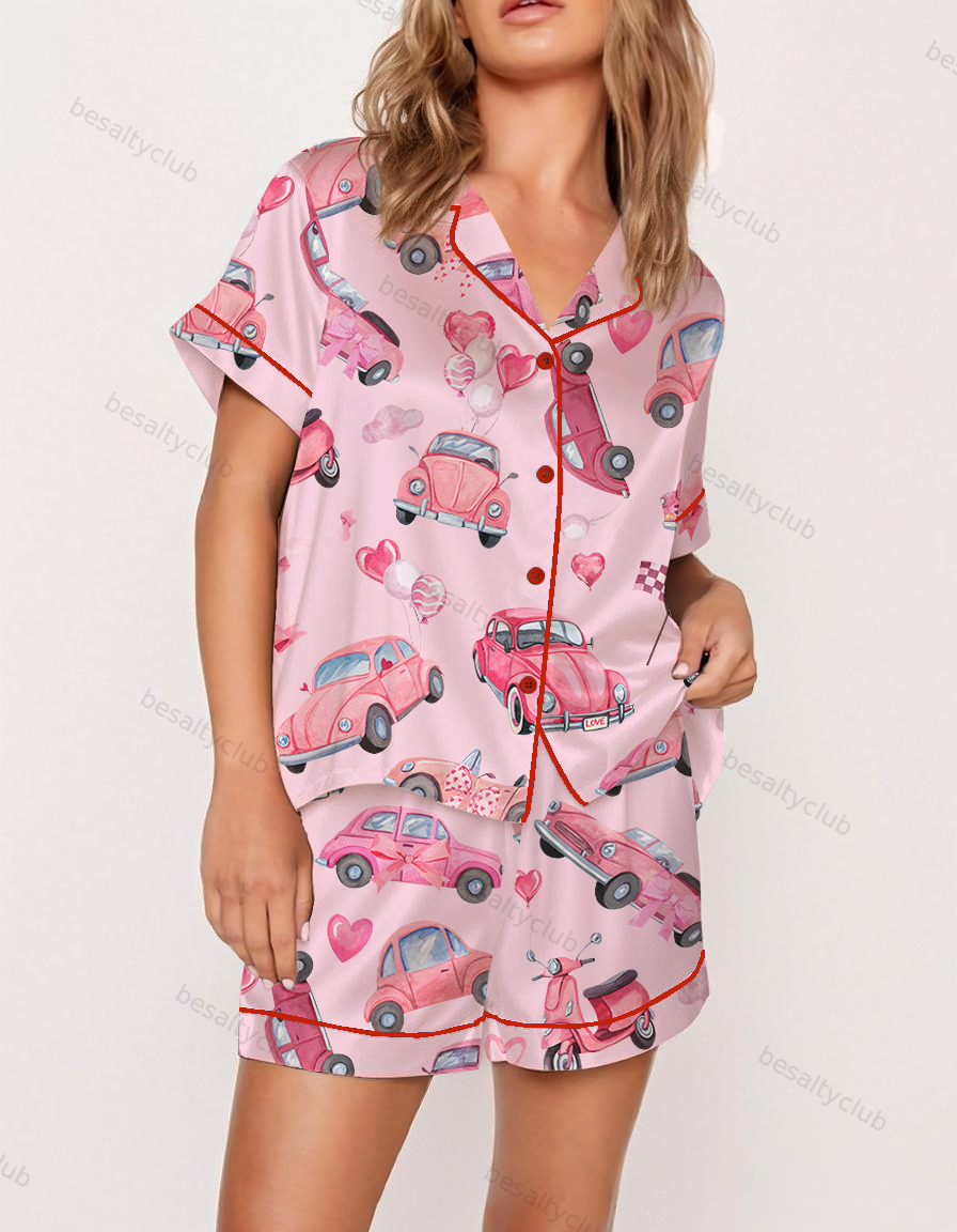 Road Trip in Pink Cars Satin Pajama Set
